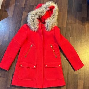 J. Crew Red Coat with Faux Fur Hood